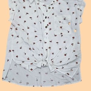 No Boundaries White Button Down Shirt with Red Mushroom Print